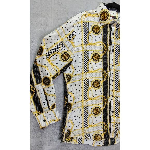 BC Collection Spangled Modern Button Up Long Sleeve Monogram Gold Chain Shirt - Picture 3 of 9